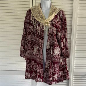 NEW! Elephant Pant Wine & Ivory Rayon Kimono. ( Fits 10-14)  (Scarf not include)